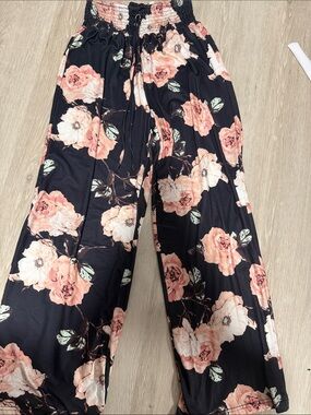 Smocked Waist Black Floral Wide-Leg Pants - Pink Rose Print